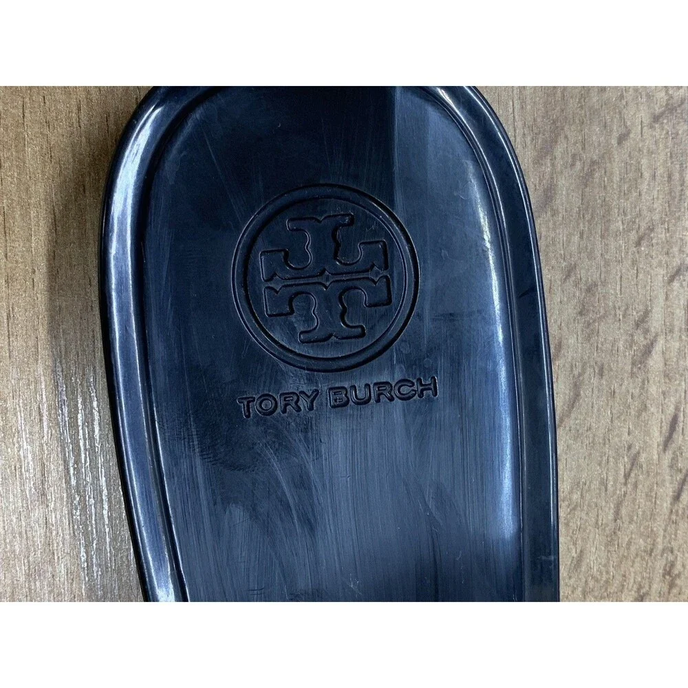 Tory Burch Jelly Thong Sandals Black Gold Logo Pearl Medallion Women's Size 9